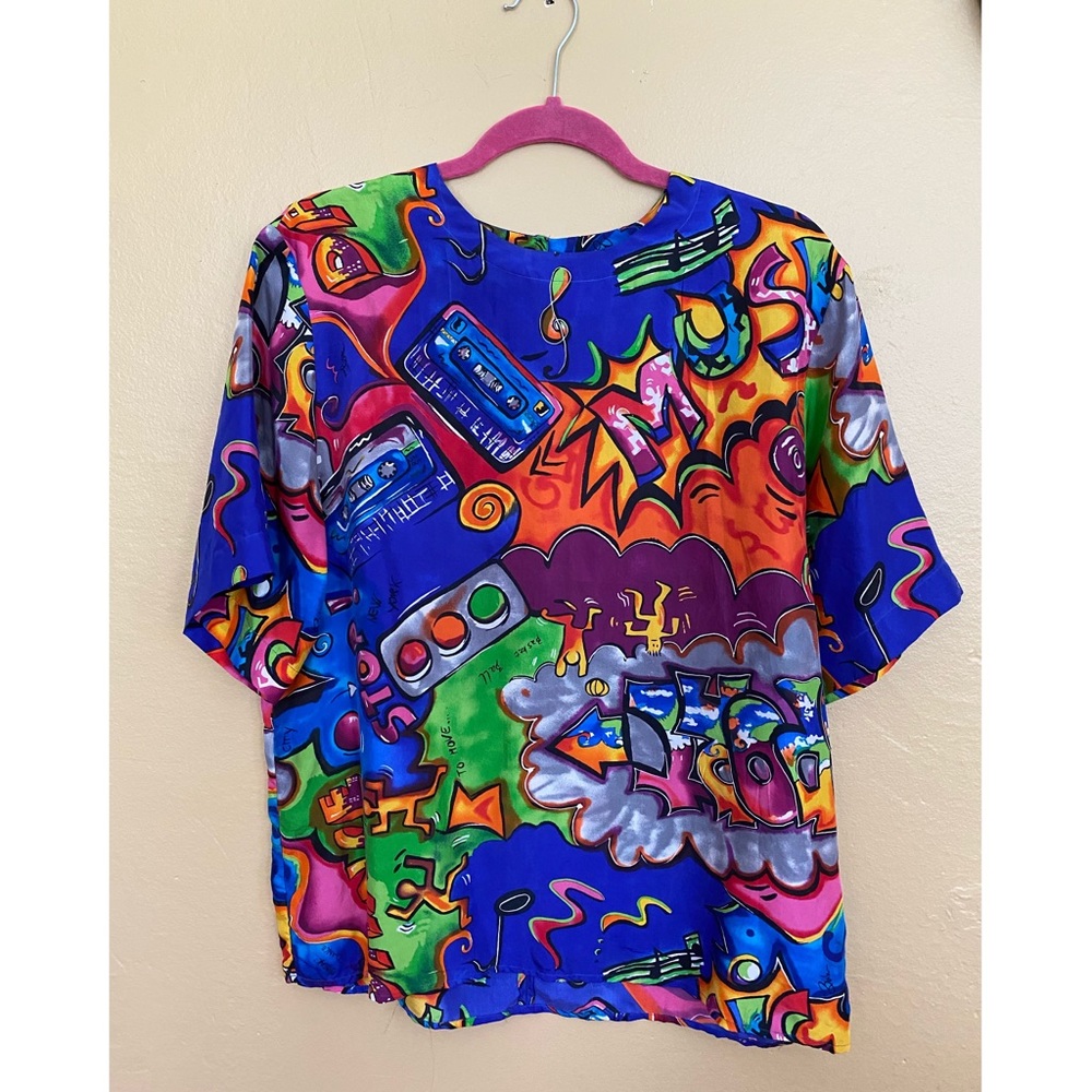 Graffiti Keith Haring print slouchy silk blouse
